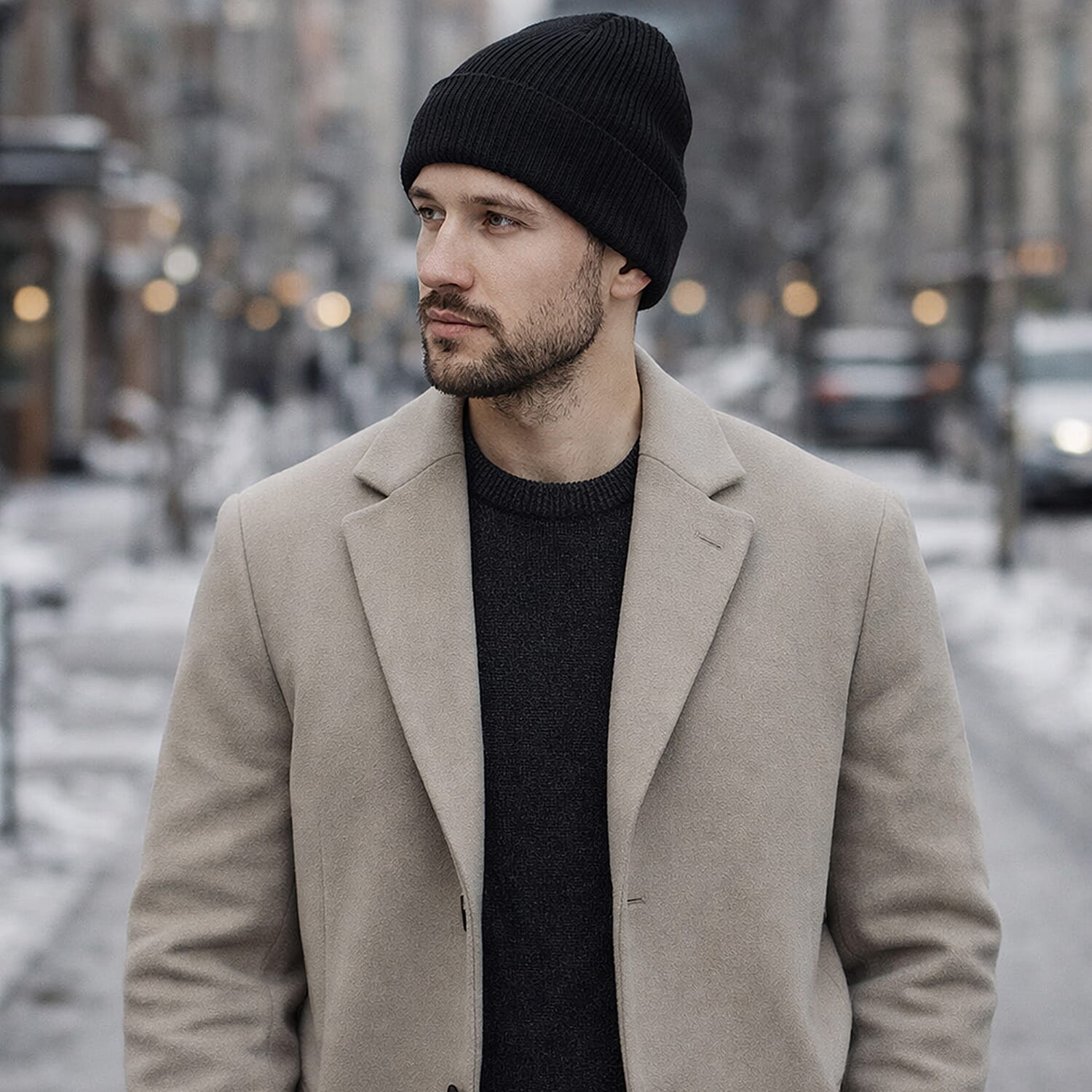 Ribbed Cuff Winter Beanie Hat (One Size) - Black