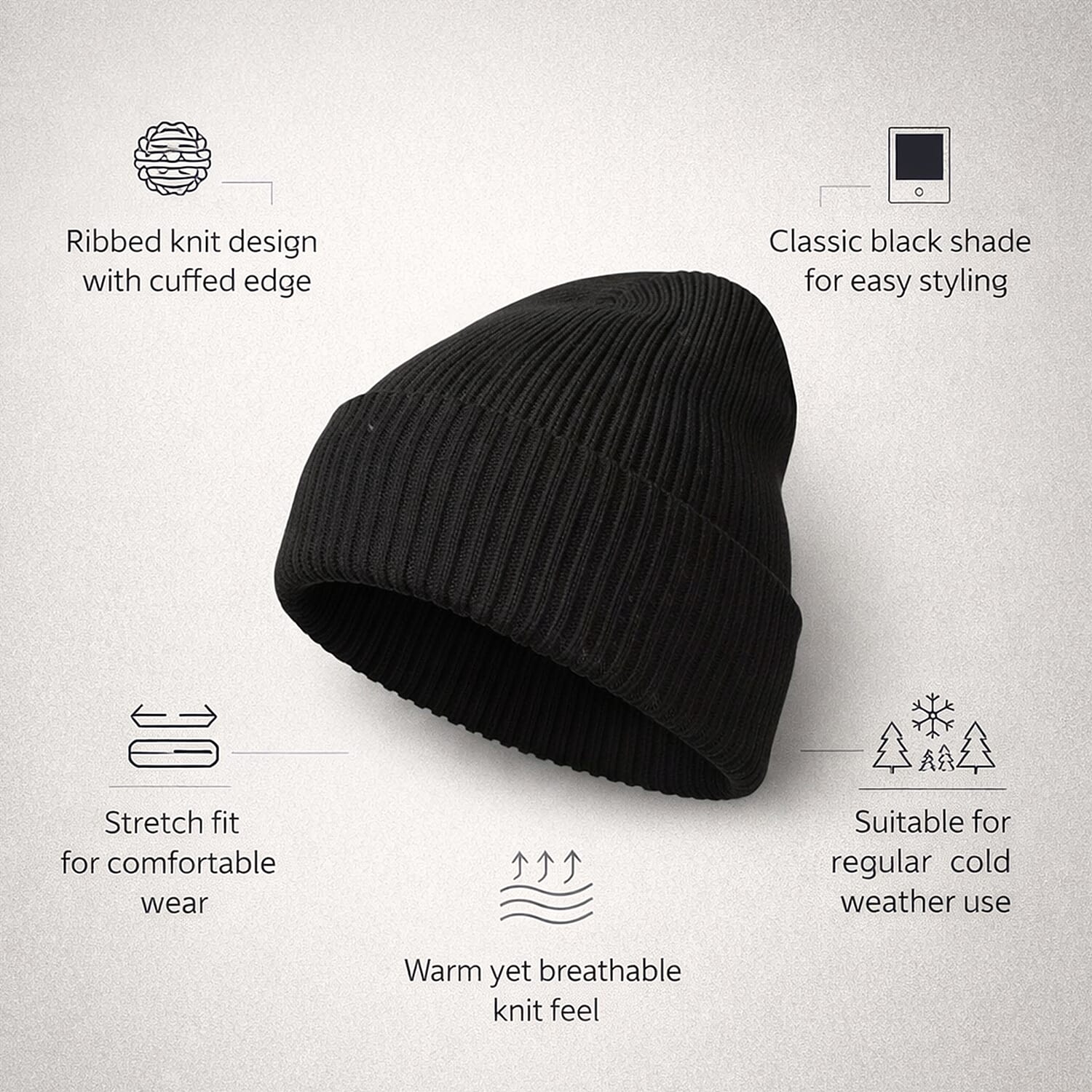 Ribbed Cuff Winter Beanie Hat (One Size) - Black