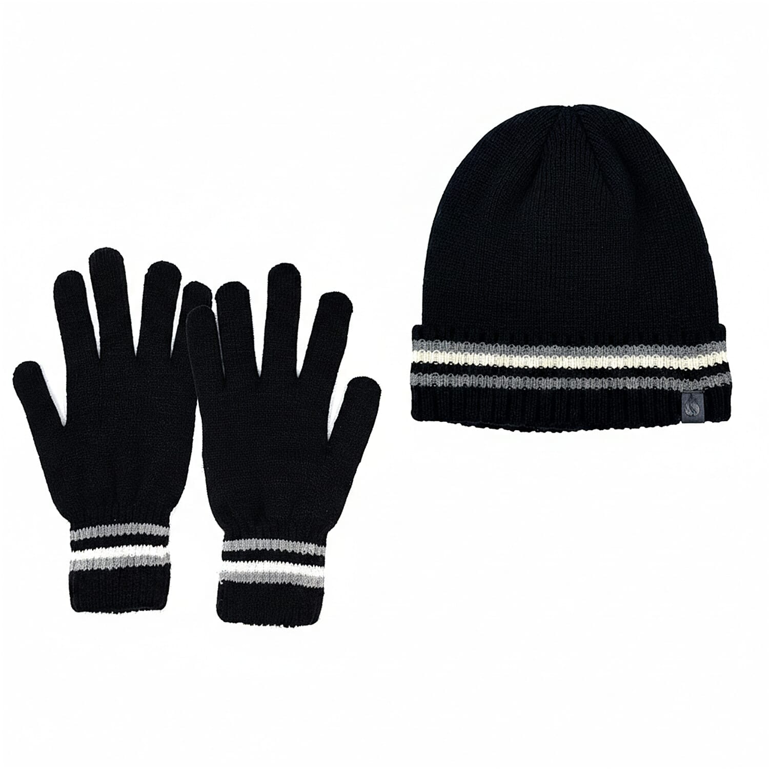 Heat Machine Thermal Striped Rim Winter Beanie Hat & Glove Set (Size 58-59cm) - Black
