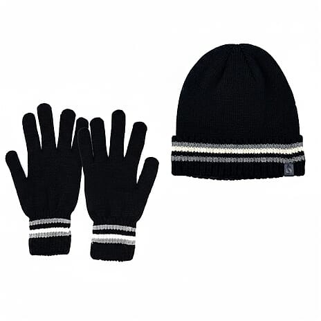Heat Machine Thermal Striped Rim Winter Beanie Hat & Glove Set (Size 58-59cm) - Black