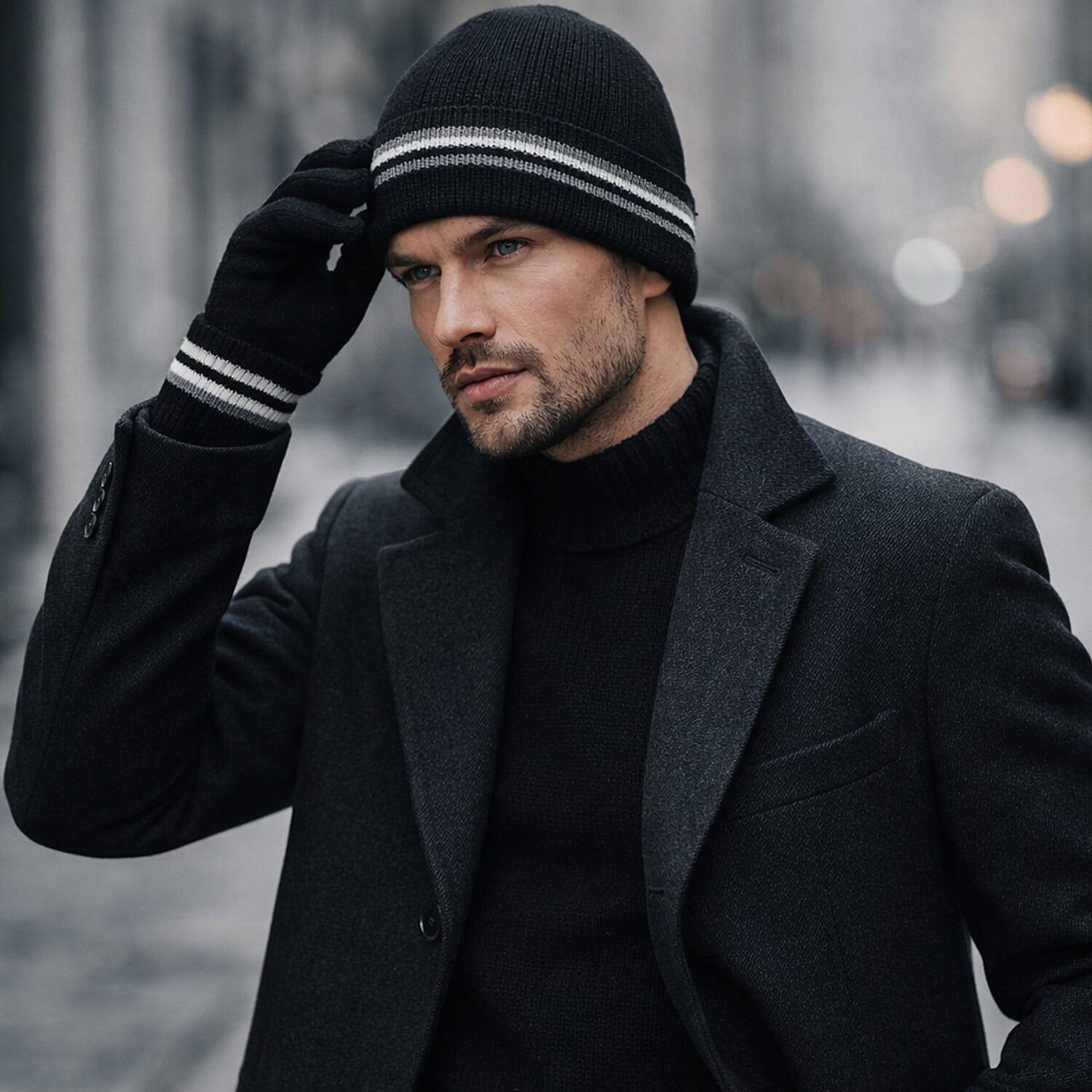 Heat Machine Thermal Striped Rim Winter Beanie Hat & Glove Set (Size 58-59cm) - Black