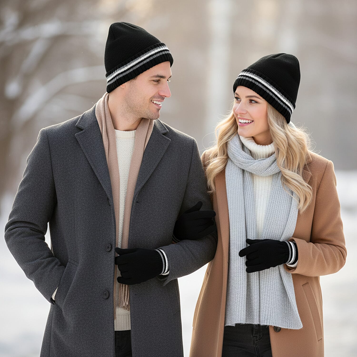 Heat Machine Thermal Striped Rim Winter Beanie Hat & Glove Set (Size 58-59cm) - Black