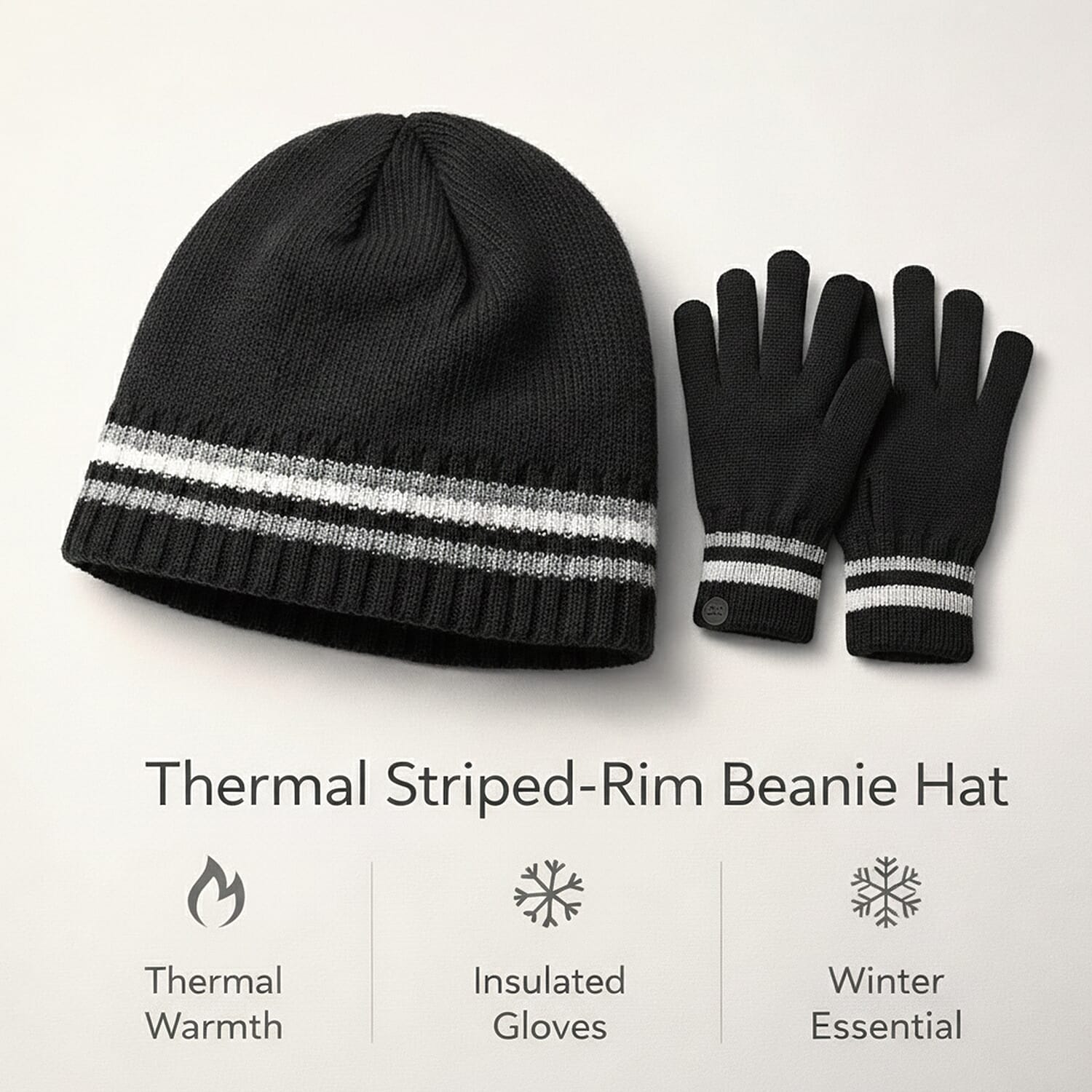 Heat Machine Thermal Striped Rim Winter Beanie Hat & Glove Set (Size 58-59cm) - Black