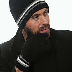 Heat Machine Thermal Striped Rim Winter Beanie Hat & Glove Set (Size 58-59cm) - Navy