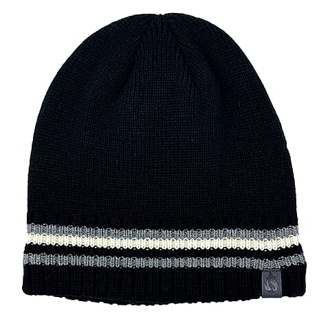 Heat Machine Thermal Striped Rim Winter Beanie Hat & Glove Set (Size 60-61cm) - Dark Black