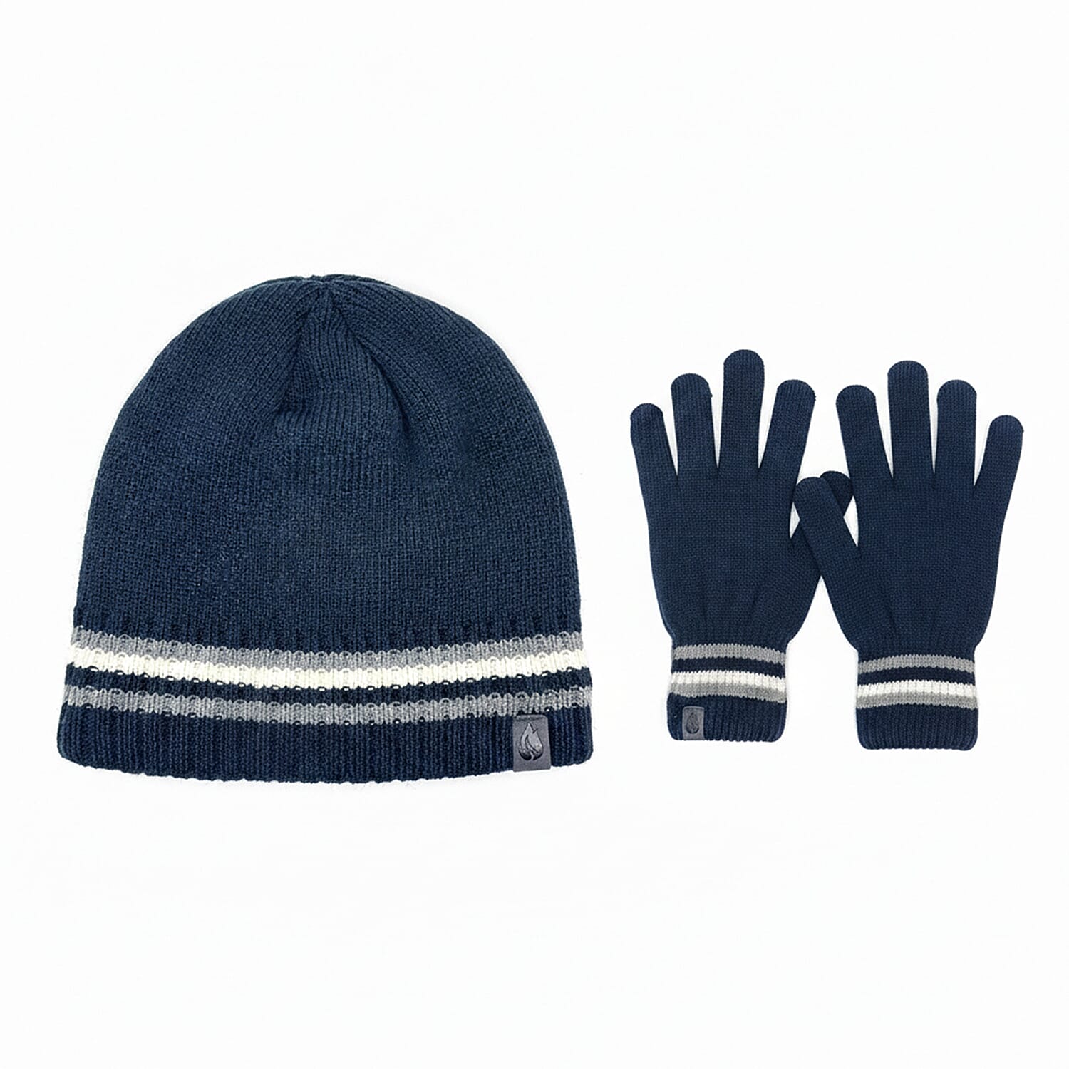 Heat Machine Thermal Striped Rim Winter Beanie Hat & Glove Set (Size 58-59cm) - Navy