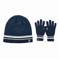 Heat Machine Thermal Striped Rim Winter Beanie Hat & Glove Set (Size 58-59cm) - Navy