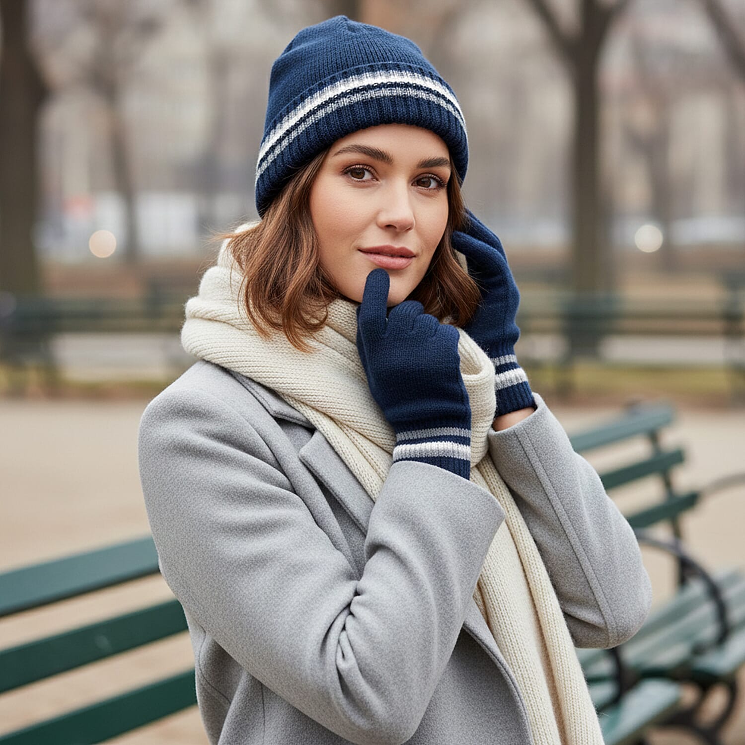 Heat Machine Thermal Striped Rim Winter Beanie Hat & Glove Set (Size 58-59cm) - Navy