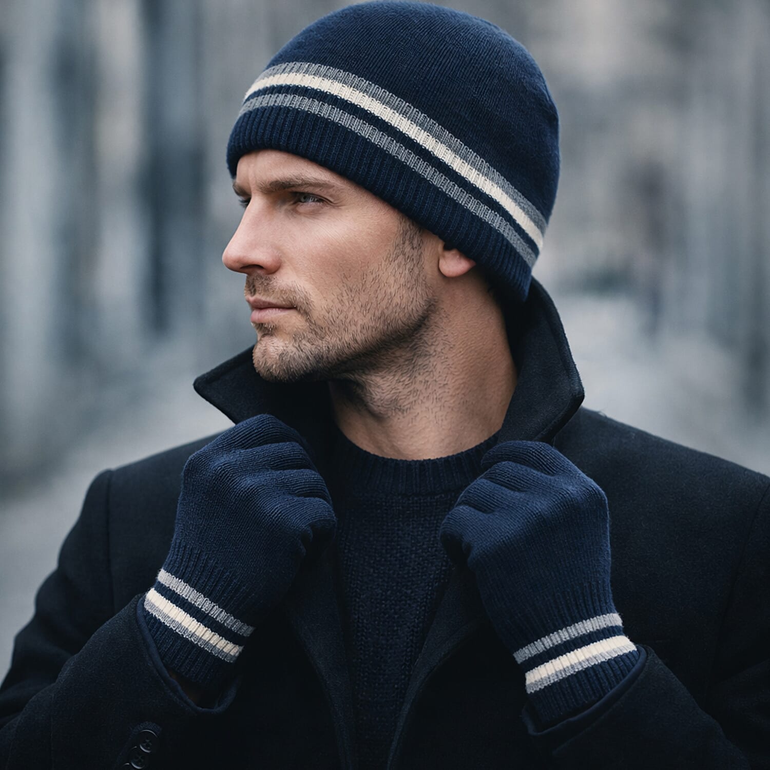 Heat Machine Thermal Striped Rim Winter Beanie Hat & Glove Set (Size 58-59cm) - Navy