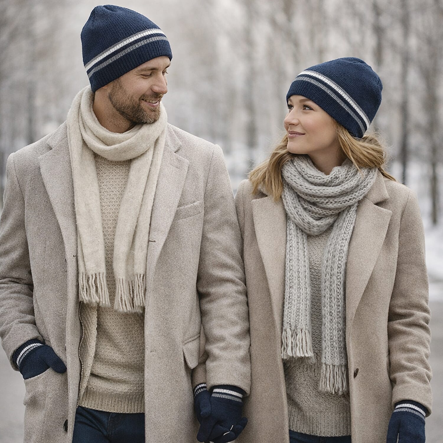 Heat Machine Thermal Striped Rim Winter Beanie Hat & Glove Set (Size 58-59cm) - Navy