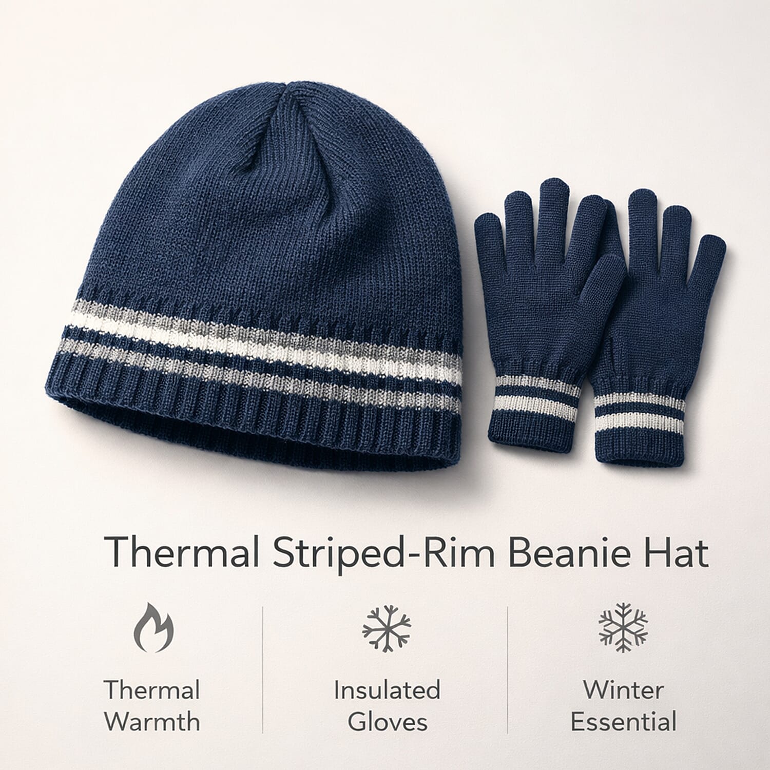 Heat Machine Thermal Striped Rim Winter Beanie Hat & Glove Set (Size 58-59cm) - Navy