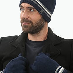 Heat Machine Thermal Striped Rim Winter Beanie Hat & Glove Set (Size 58-59cm) - Navy