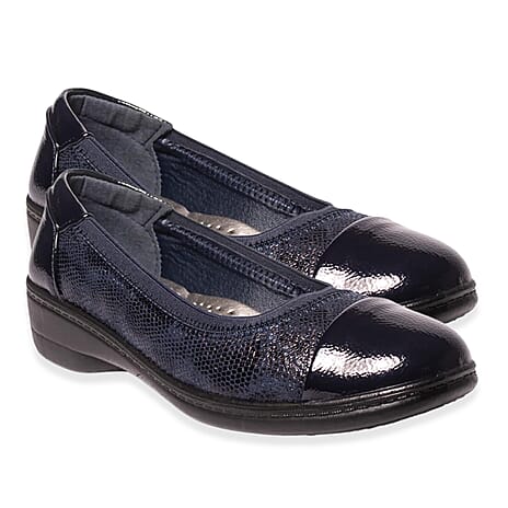 Ladies Caroline Patent Toe Ballerina Pumps With Cushioned Insole (Size 5) - Navy