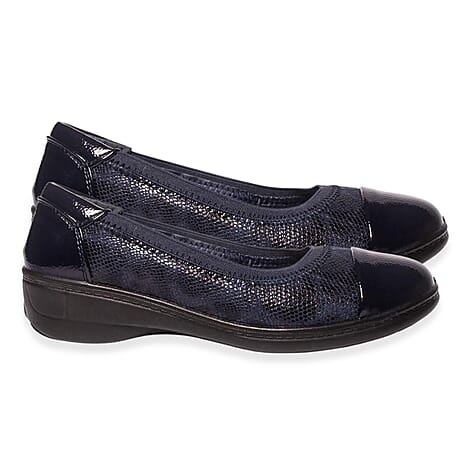 Ladies Caroline Patent Toe Ballerina Pumps With Cushioned Insole (Size 5) - Navy