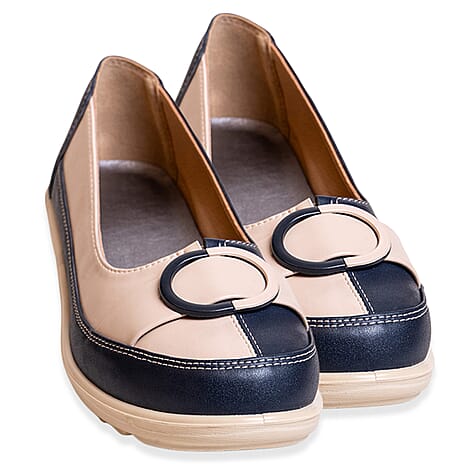 Ladies Harmony Slip On Contrast Pumps With Decorative Buckle Detail (Size 6) - Navy & Multi