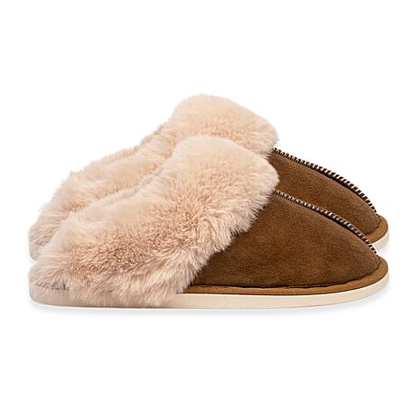 Ladies Lizzie Faux Fur Lined Mule Slippers (Size 3-4) - Chestnut