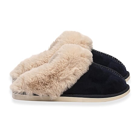 Ladies Lizzie Faux Fur Lined Mule Slippers (Size 3-4) - Navy