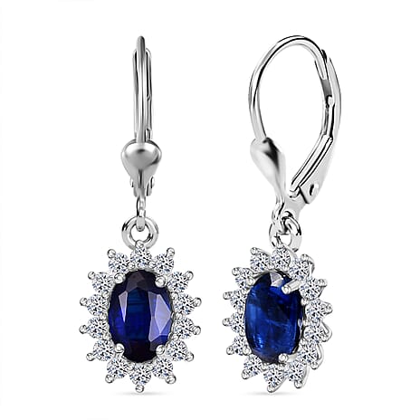 Luxuriant AAA Natural Kashmir Kyanite & SI-G-H Lab Grown Diamond Sunburst Earring with Lever Back in Rhodium Overlay Sterling Silver 2.68 Ct.