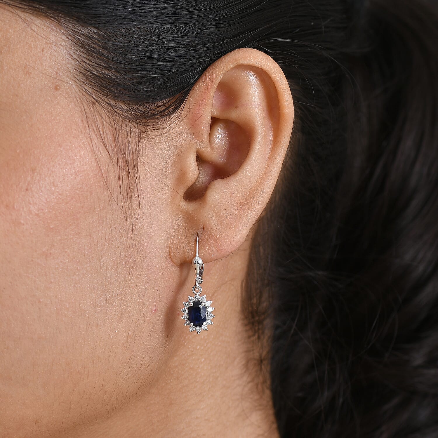 Luxuriant AAA Natural Kashmir Kyanite & SI-G-H Lab Grown Diamond Sunburst Earring with Lever Back in Rhodium Overlay Sterling Silver 2.68 Ct.