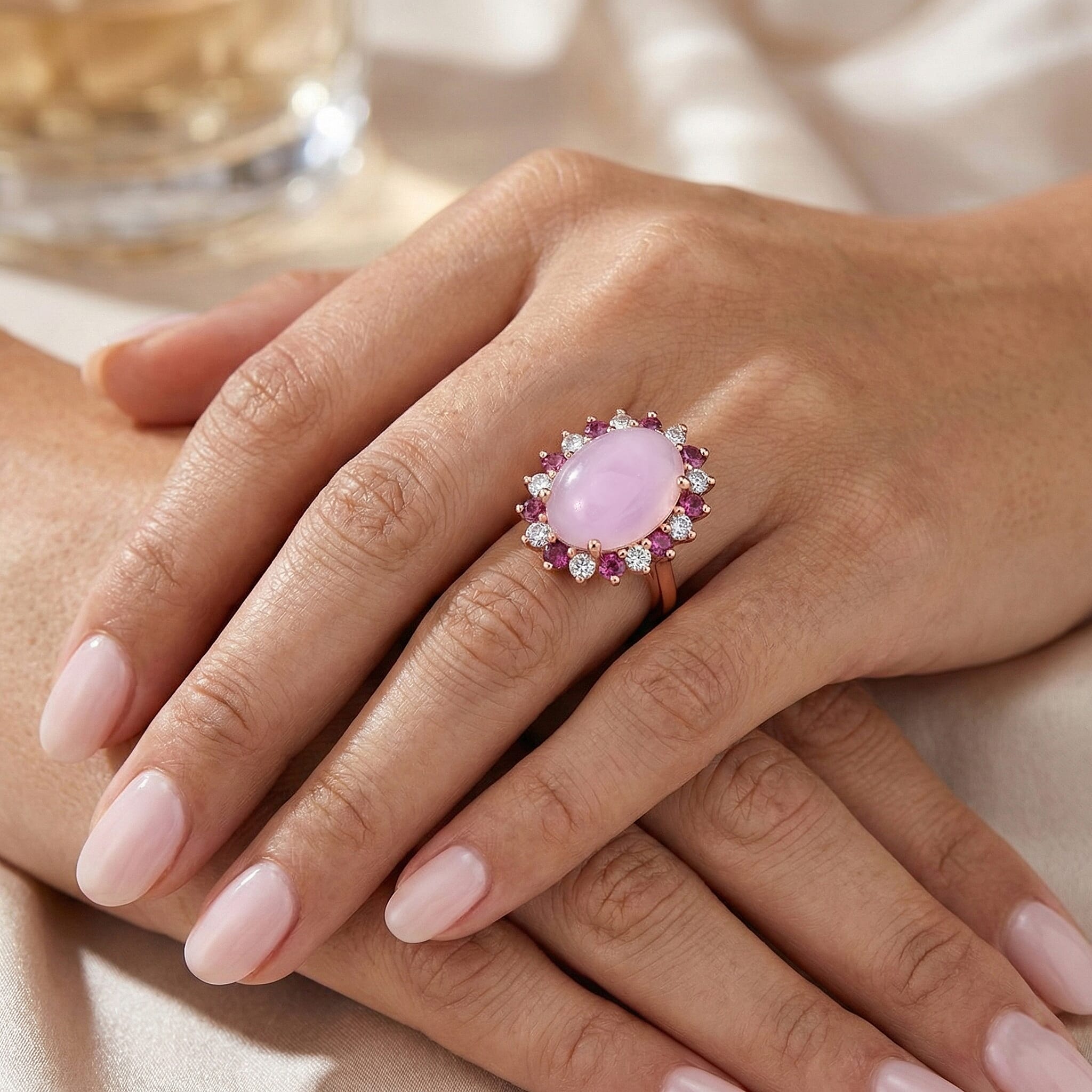 D'Joy Natural Kunzite, Rhodolite Garnet & White Zircon Halo Ring in Rose Gold Plated Sterling Silver 7.91 Ct.
