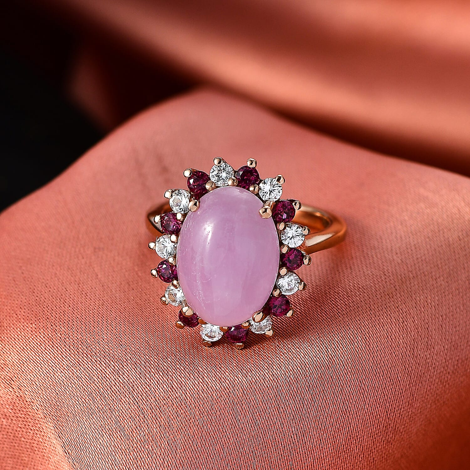 D'Joy Natural Kunzite, Rhodolite Garnet & White Zircon Halo Ring in Rose Gold Plated Sterling Silver 7.91 Ct.