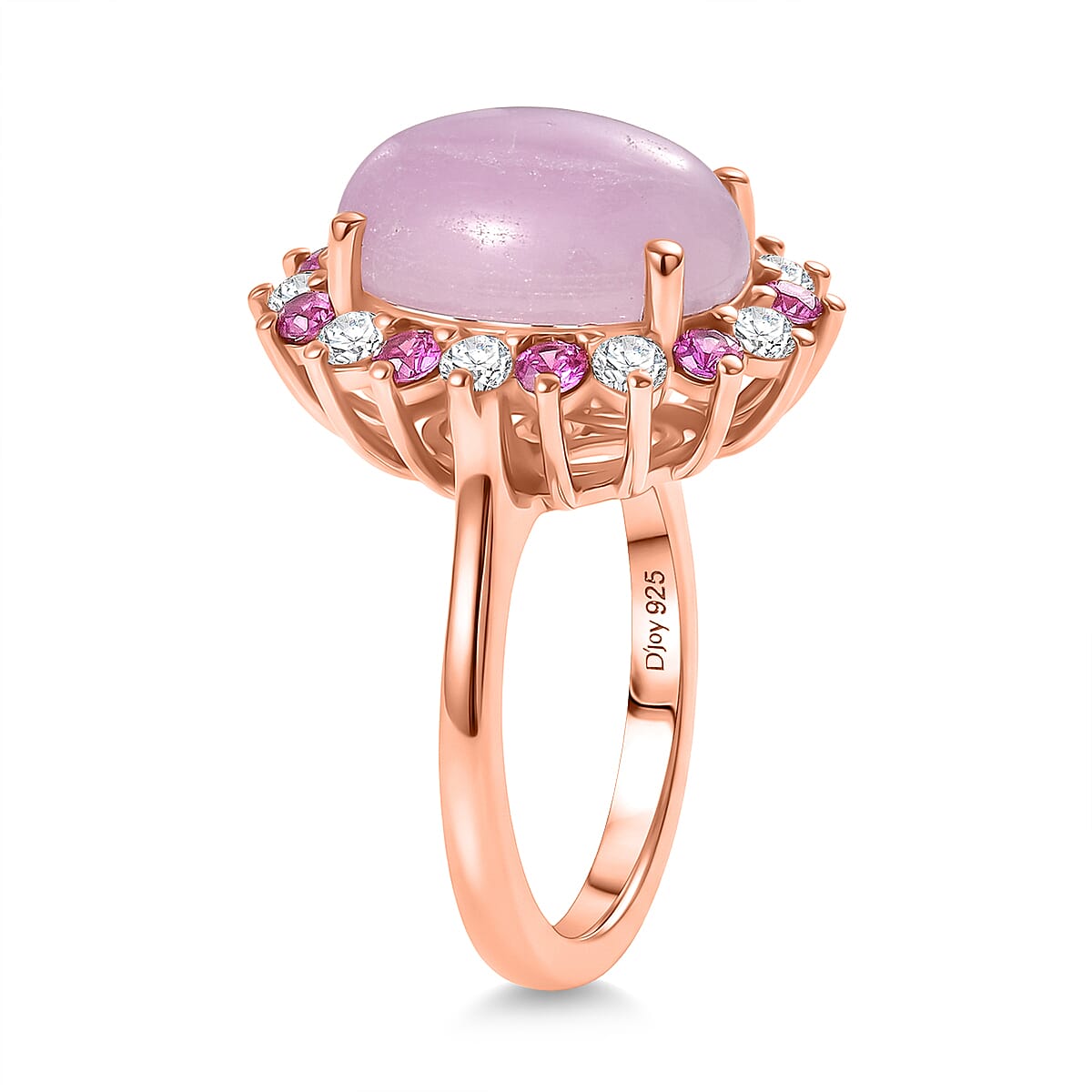 D'Joy Natural Kunzite, Rhodolite Garnet & White Zircon Halo Ring in Rose Gold Plated Sterling Silver 7.91 Ct.