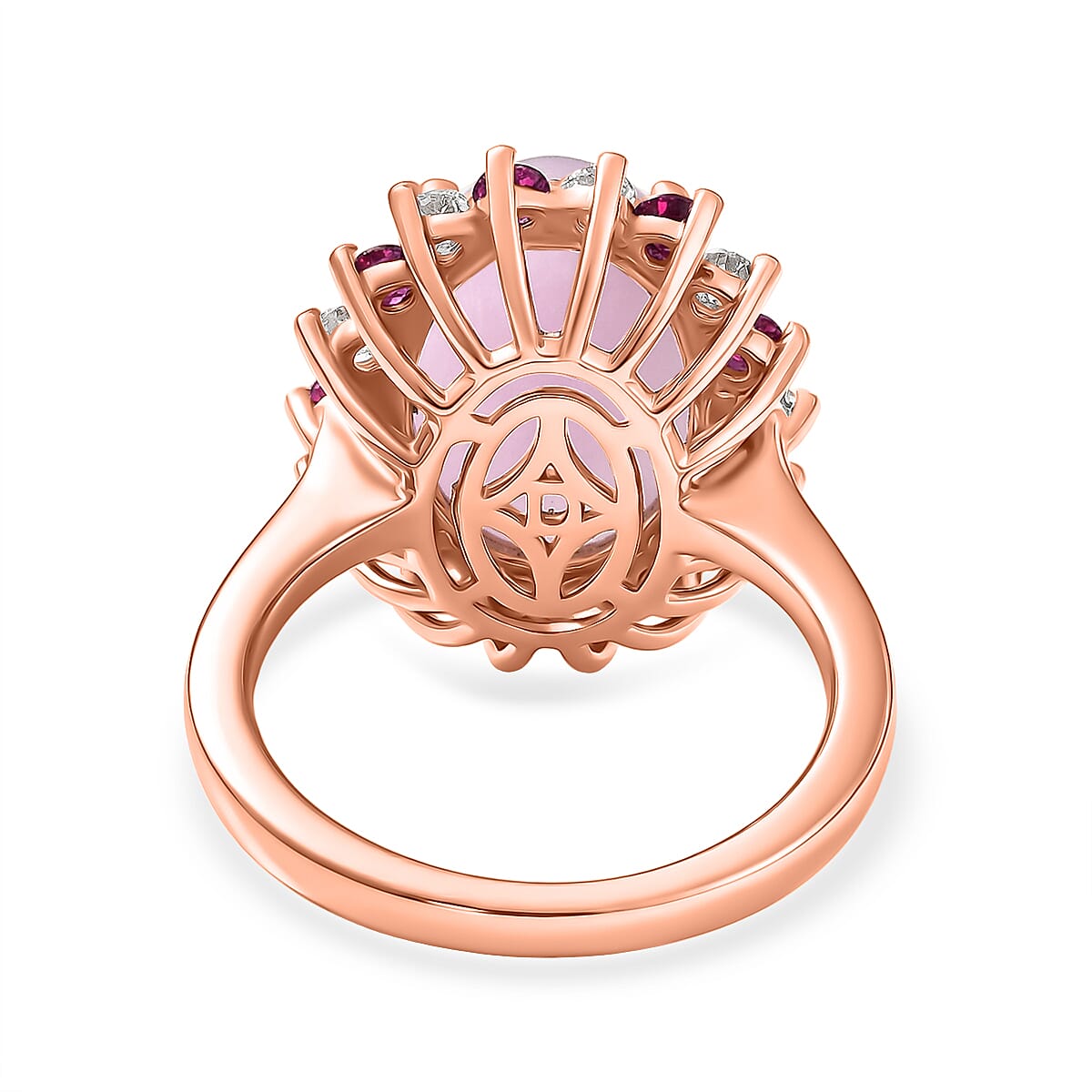 D'Joy Natural Kunzite, Rhodolite Garnet & White Zircon Halo Ring in Rose Gold Plated Sterling Silver 7.91 Ct.