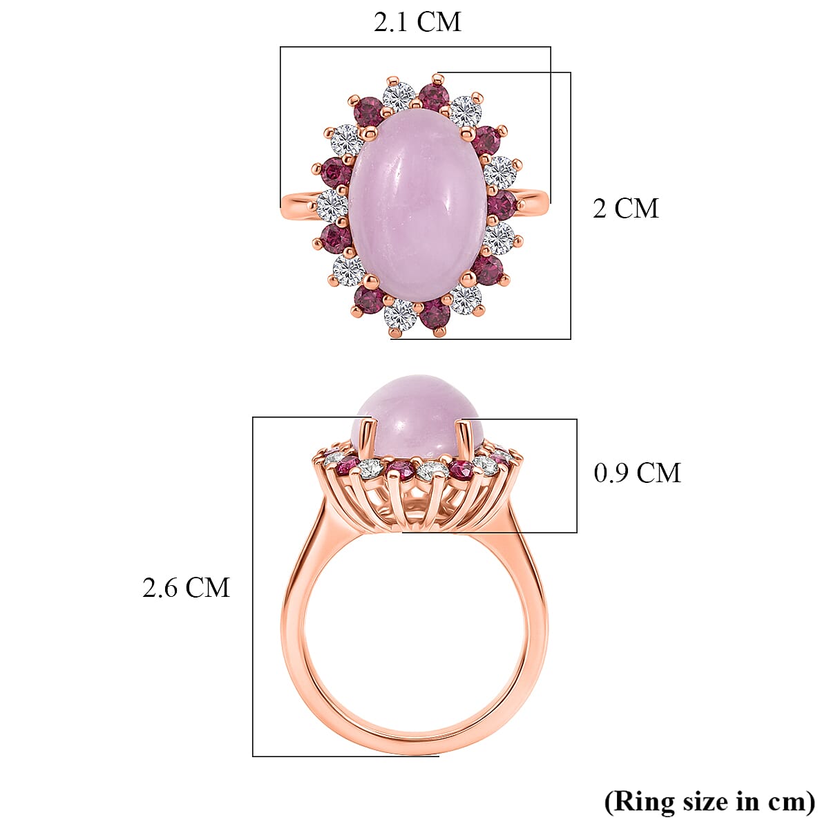 D'Joy Natural Kunzite, Rhodolite Garnet & White Zircon Halo Ring in Rose Gold Plated Sterling Silver 7.91 Ct.