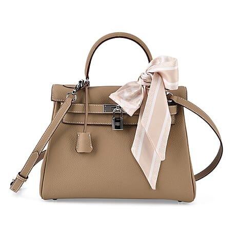 Valissiere Designer Inspired Classic Structured Top-Handle Satchel Handbag With Lock Hardware & Scarf Accent - Khaki
