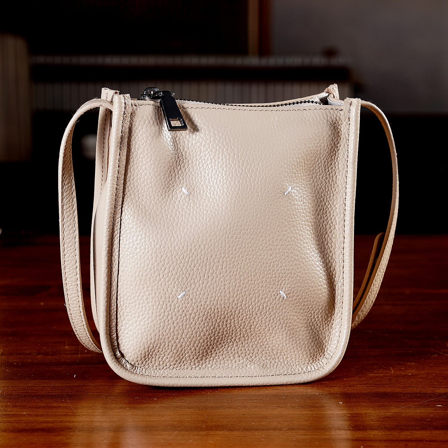 Genuine Leather Crossbody Bag - Apricot