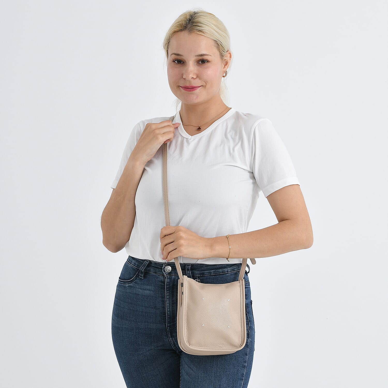 Genuine Leather Crossbody Bag - Apricot