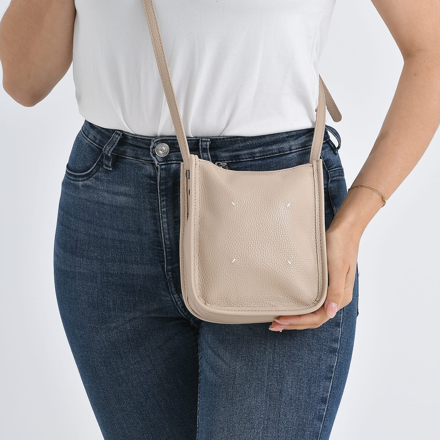 Genuine Leather Crossbody Bag - Apricot