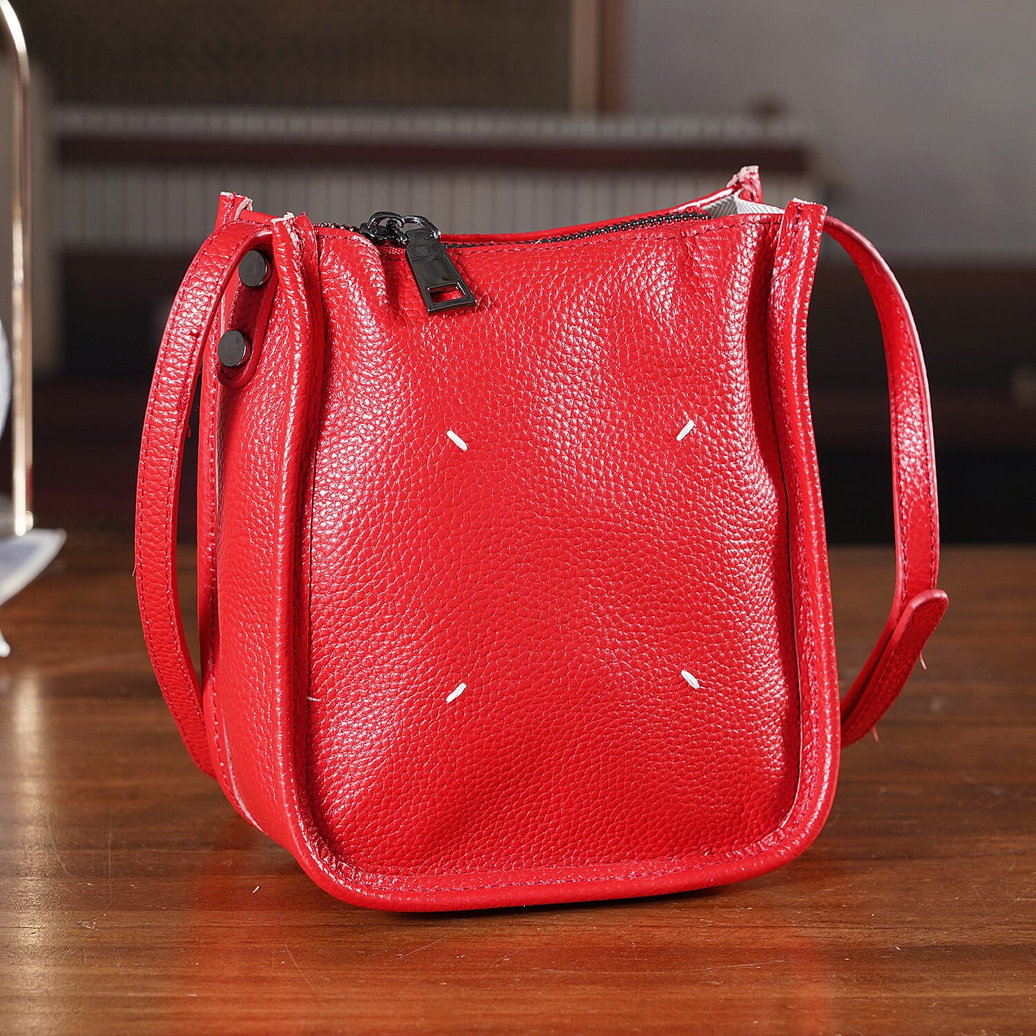 Genuine Leather Crossbody Bag - Red