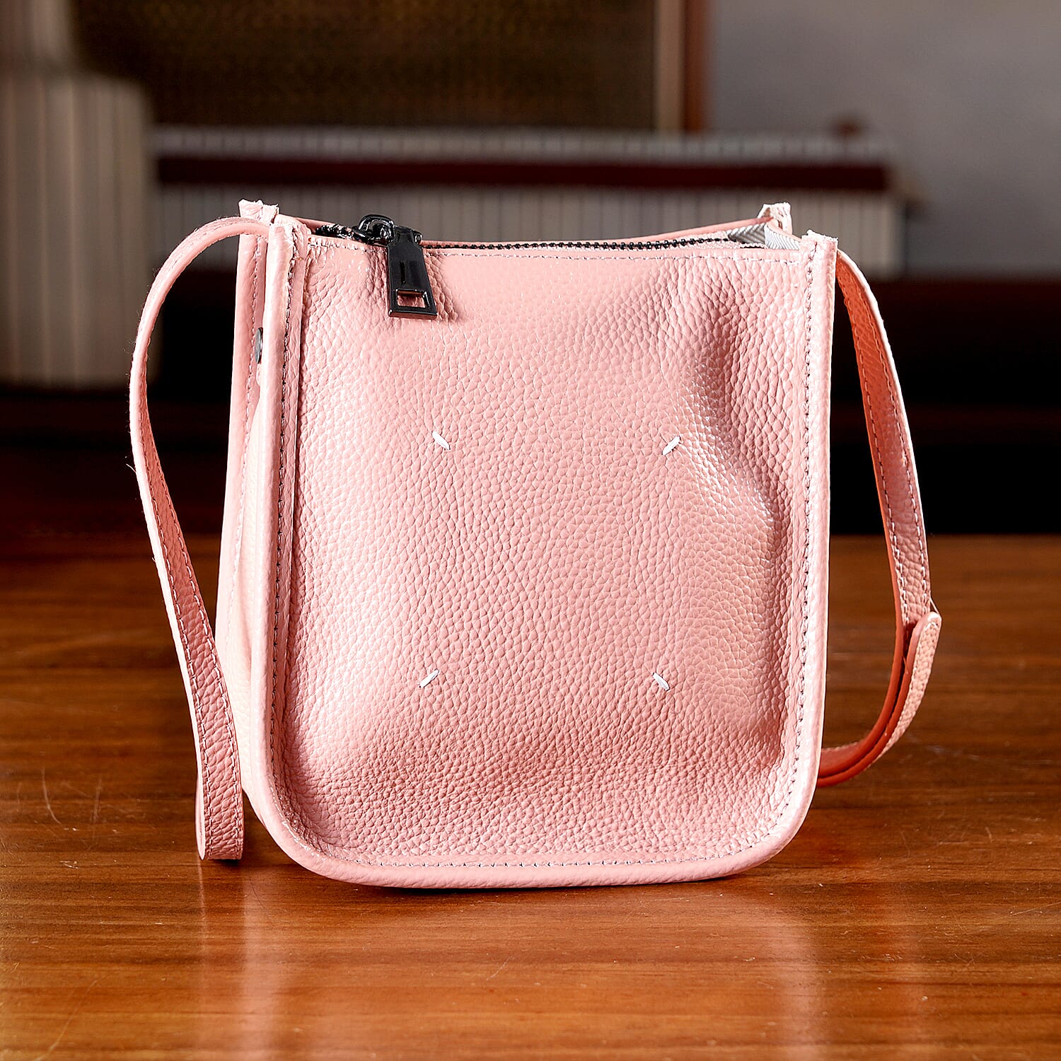Genuine Leather Crossbody Bag - Peach