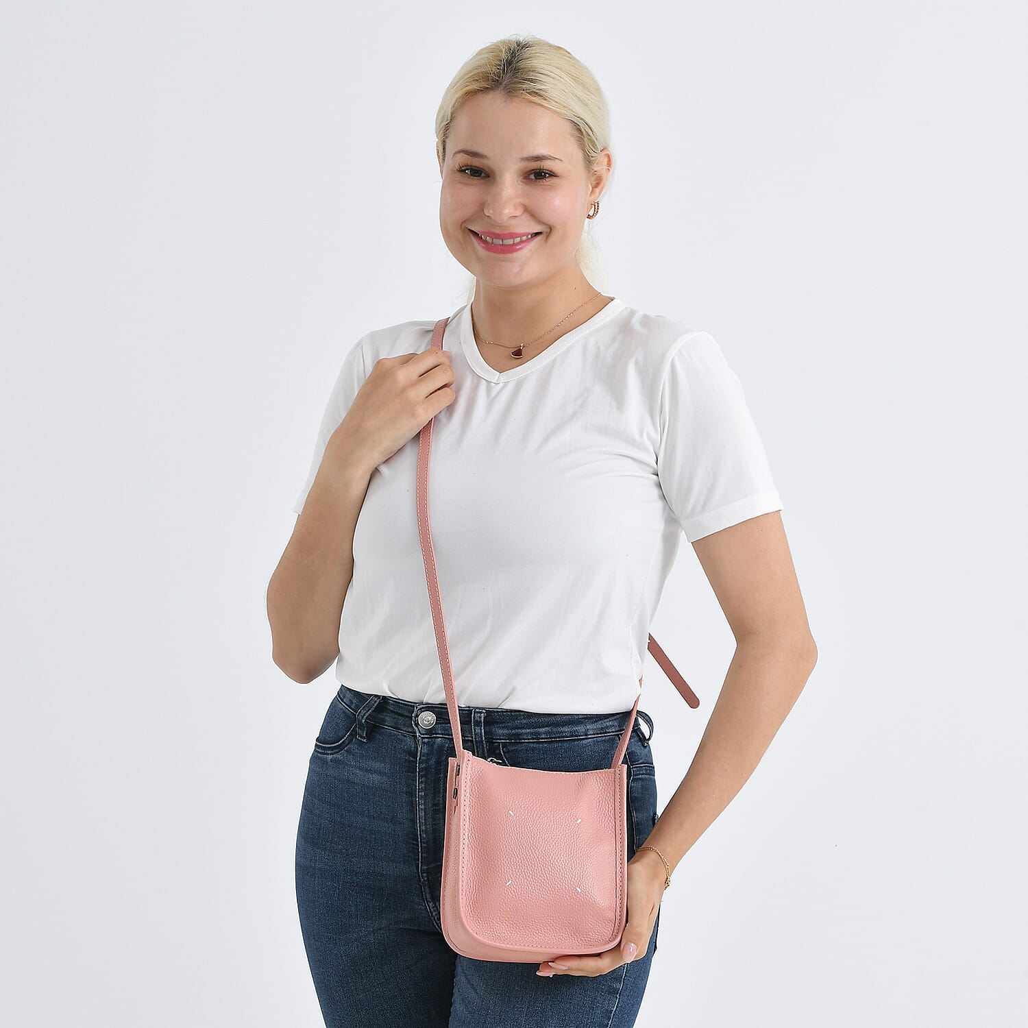 Genuine Leather Crossbody Bag - Peach