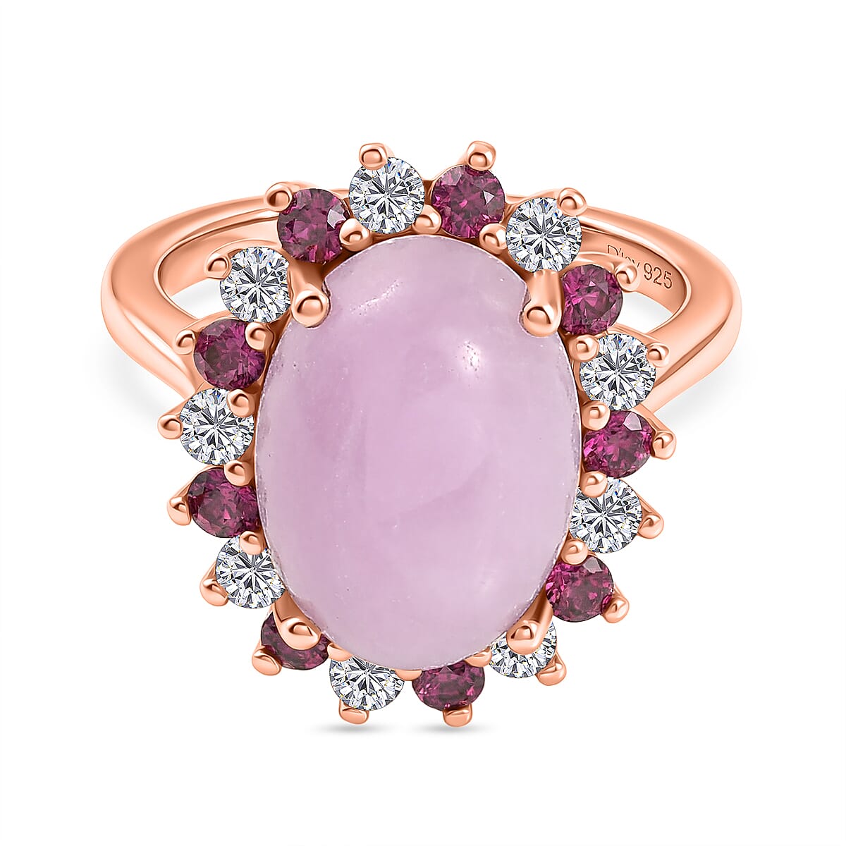 D'Joy Kunzite, Rhodolite Garnet and White Zircon Halo Ring in Rose Gold Plated Sterling Silver 7.91 Ct.