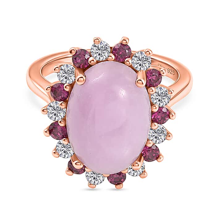 D'Joy Kunzite, Rhodolite Garnet and White Zircon Halo Ring in Rose Gold Plated Sterling Silver 7.91 Ct.
