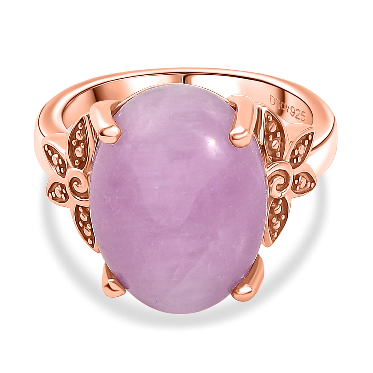 D'Joy Natural Kunzite Oval Cut Solitaire Ring in Rose Gold Plated Sterling Silver 11.24 Ct.