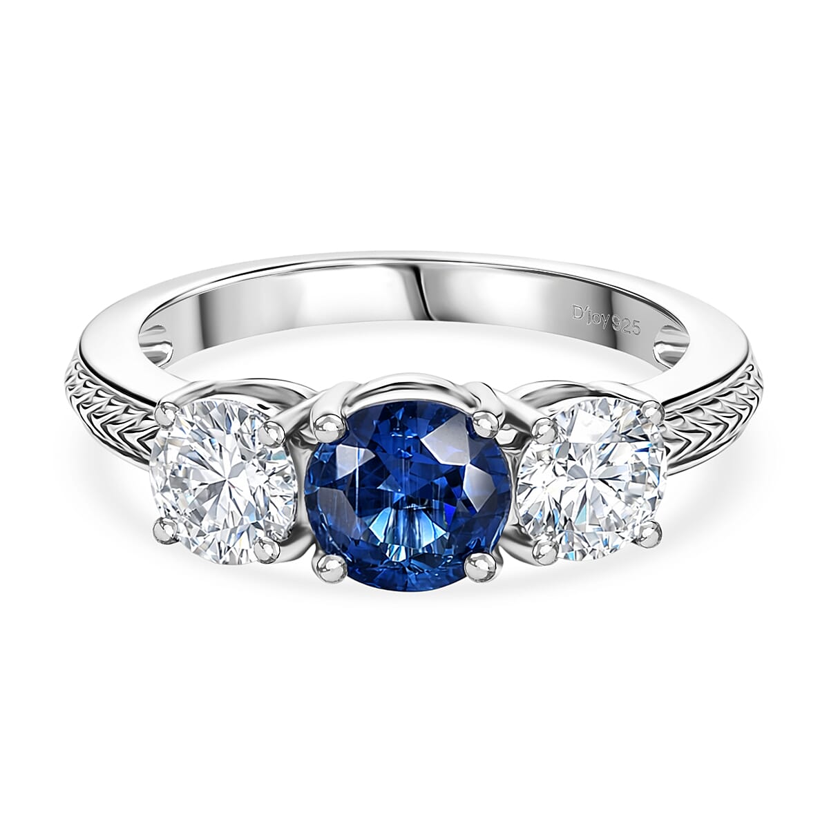 D'Joy AAA Natural Kashmir Kyanite & Moissanite Trilogy Ring in Platinum Overlay Sterling Silver 2.04 Ct.