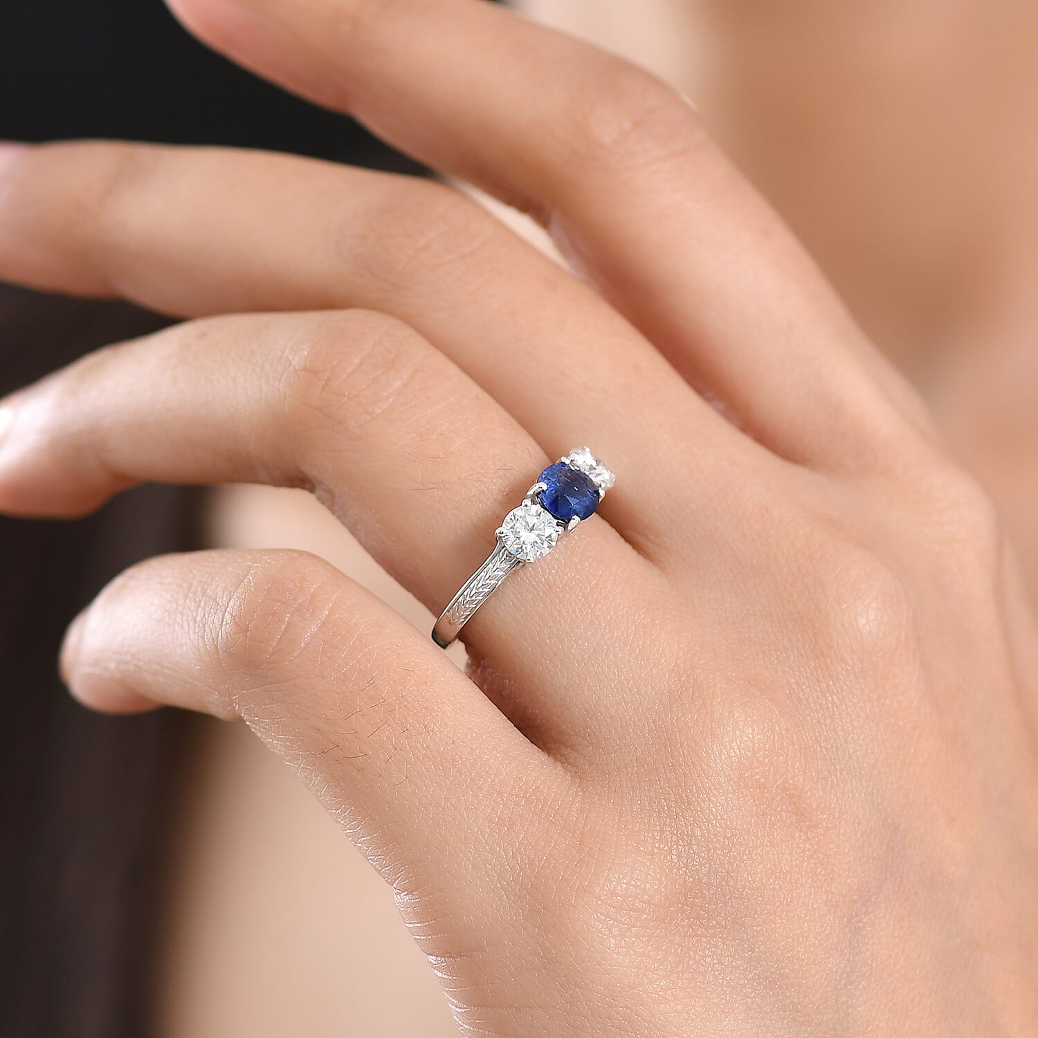 D'Joy AAA Natural Kashmir Kyanite & Moissanite Trilogy Ring in Platinum Overlay Sterling Silver 2.04 Ct.