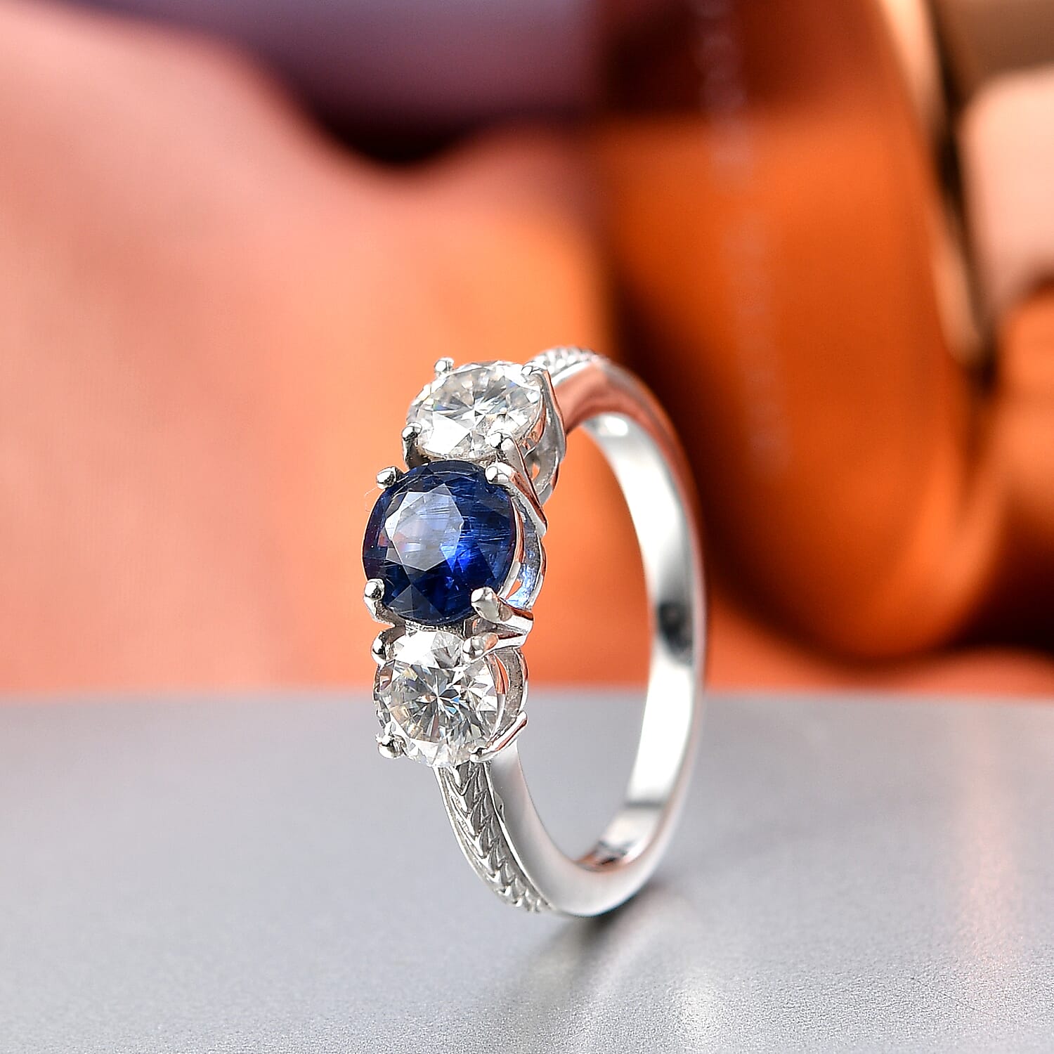 D'Joy AAA Natural Kashmir Kyanite & Moissanite Trilogy Ring in Platinum Overlay Sterling Silver 2.04 Ct.