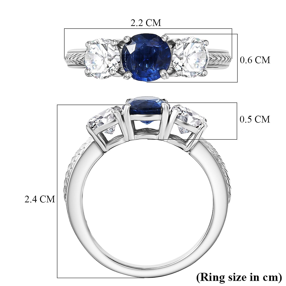 D'Joy AAA Natural Kashmir Kyanite & Moissanite Trilogy Ring in Platinum Overlay Sterling Silver 2.04 Ct.