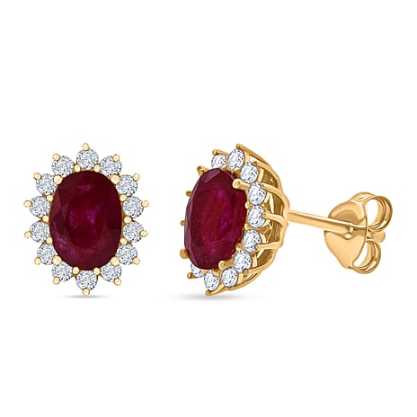 D'Joy AAA African Ruby & White Zircon Earring with Push Back in Yellow Gold Plated Sterling Silver 2.92 Ct.