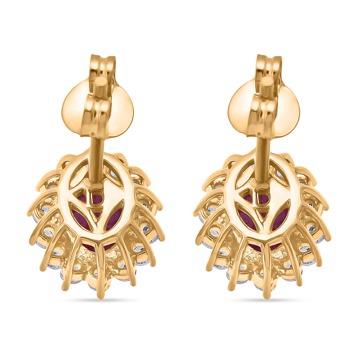 D'Joy AAA African Ruby & White Zircon Earring with Push Back in Yellow Gold Plated Sterling Silver 2.92 Ct.