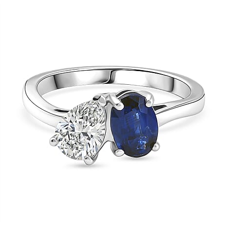 D'Joy AAA Natural Kashmir Kyanite & Moissanite Toi et Moi Band Ring in Platinum Overlay Sterling Silver 1.72 Ct.