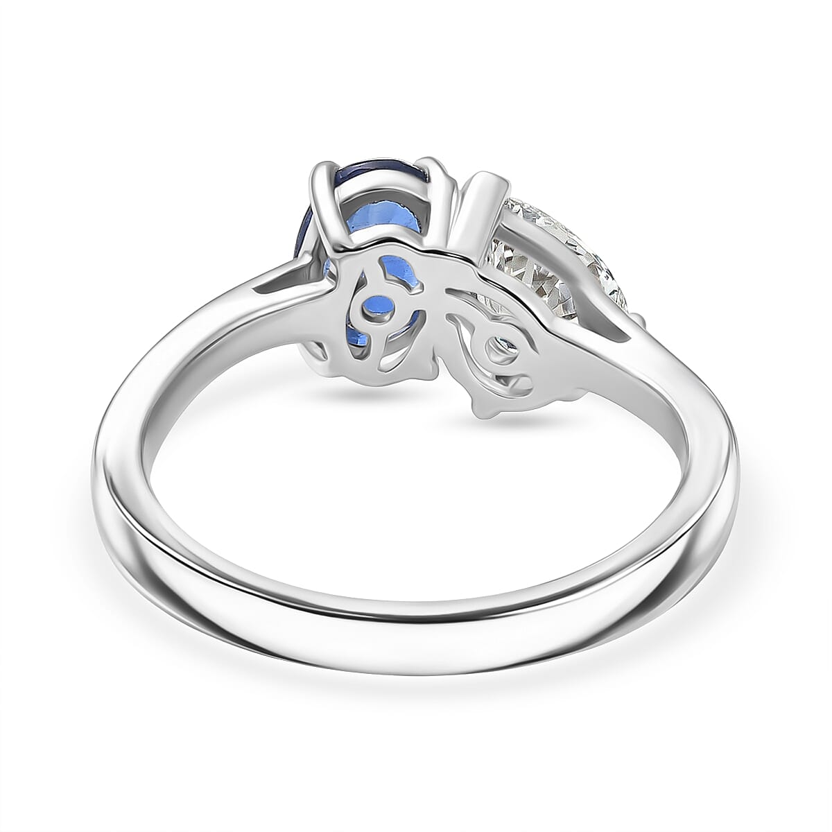 D'Joy AAA Natural Kashmir Kyanite & Moissanite Toi et Moi Band Ring in Platinum Overlay Sterling Silver 1.72 Ct.