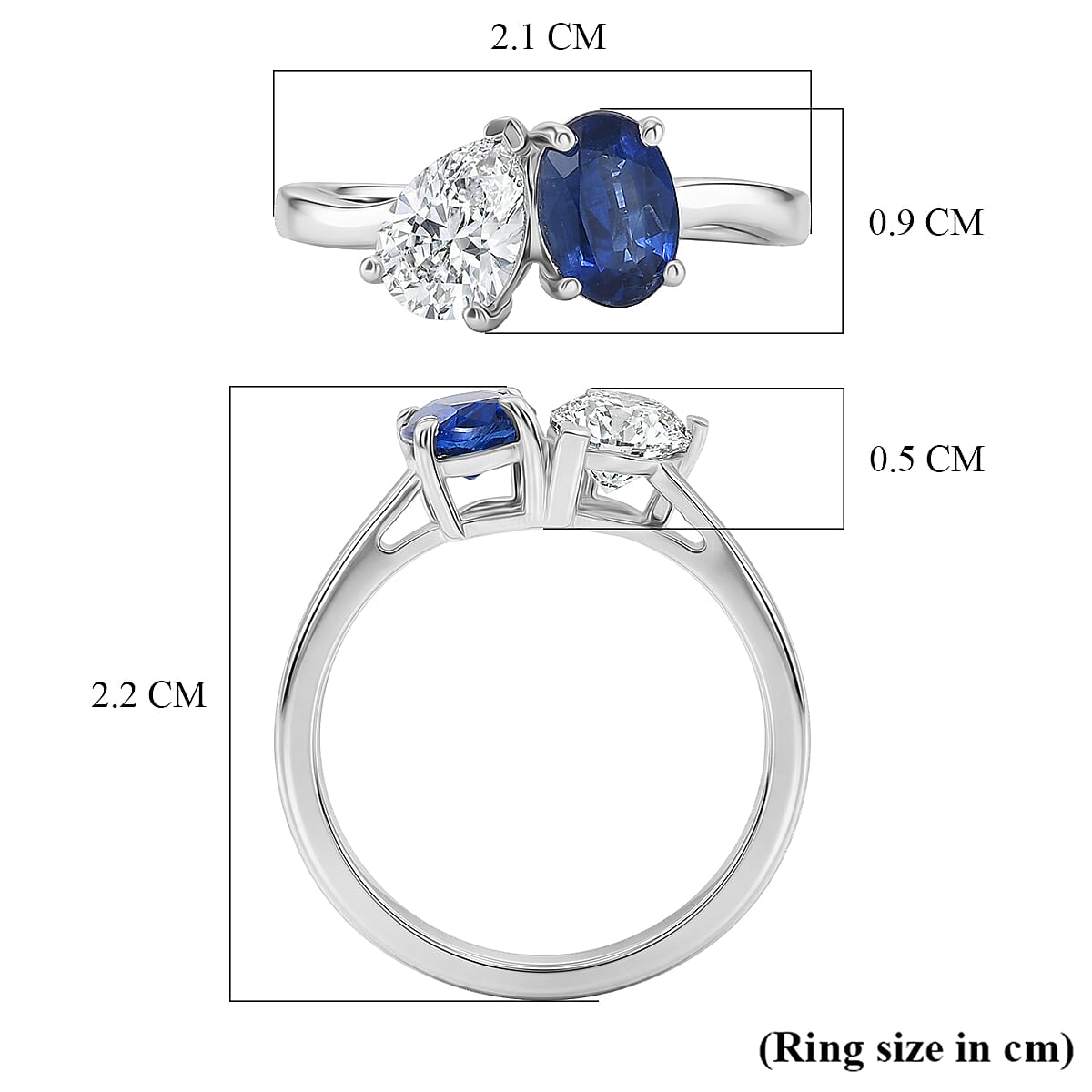 D'Joy AAA Natural Kashmir Kyanite & Moissanite Toi et Moi Band Ring in Platinum Overlay Sterling Silver 1.72 Ct.