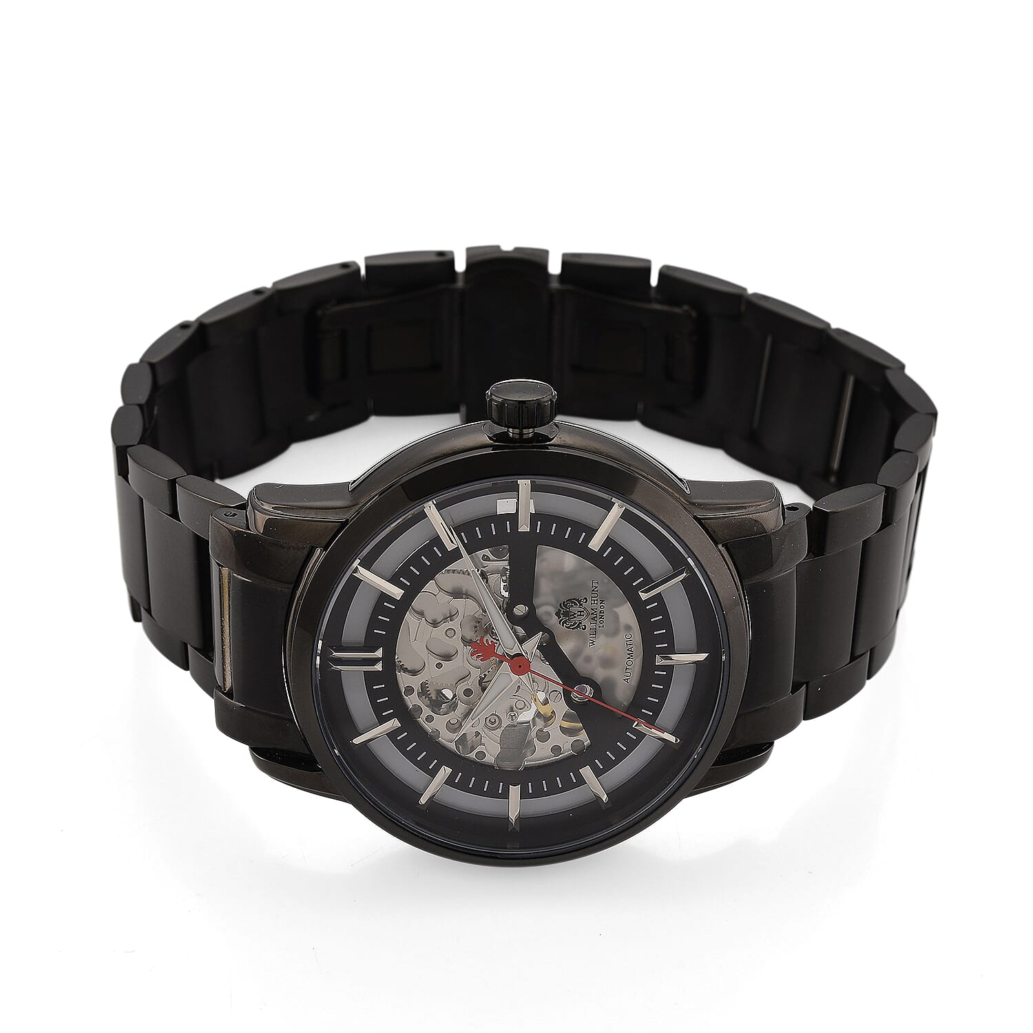 William Hunt London Limited Edition Automatic Skeleton Watch With 5 ATM Water Resistancy, Exhibition Back and Butterfly Buckle Clasp - 42MM Dial - Black