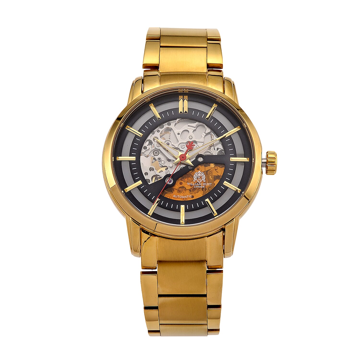 William Hunt London Limited Edition Automatic Skeleton Watch With 5 ATM Water Resistancy, Exhibition Back and Butterfly Buckle Clasp - 42MM Dial - Gold