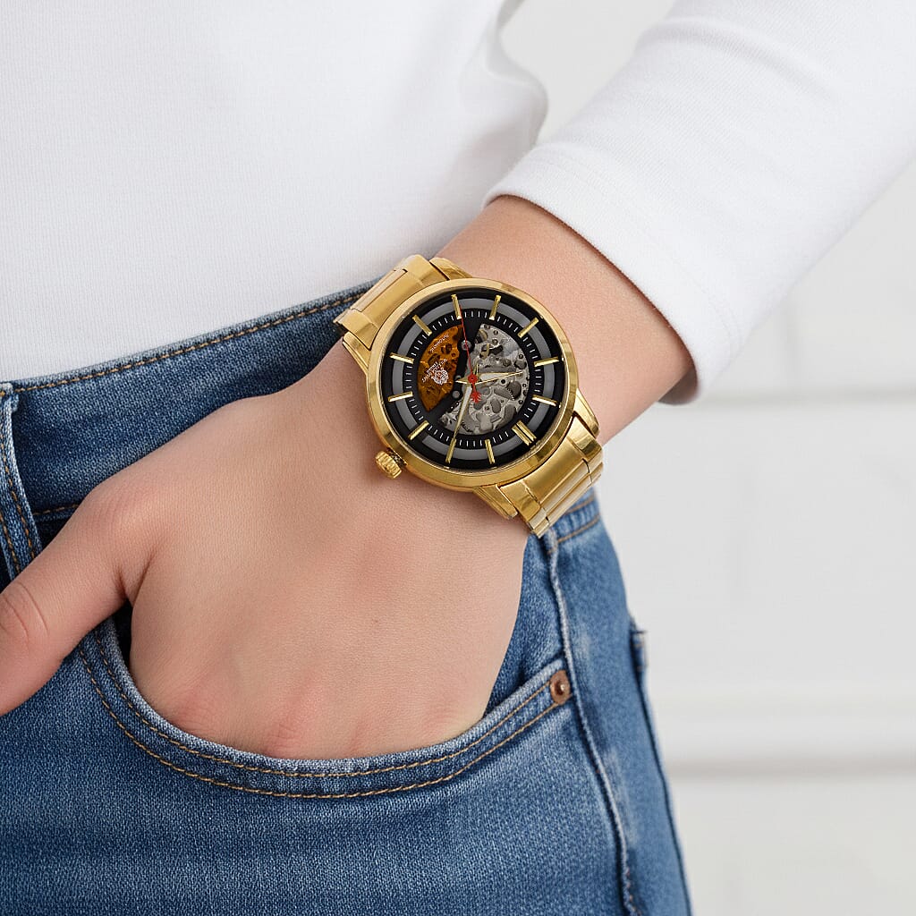 William Hunt London Limited Edition Automatic Skeleton Watch With 5 ATM Water Resistancy, Exhibition Back and Butterfly Buckle Clasp - 42MM Dial - Gold